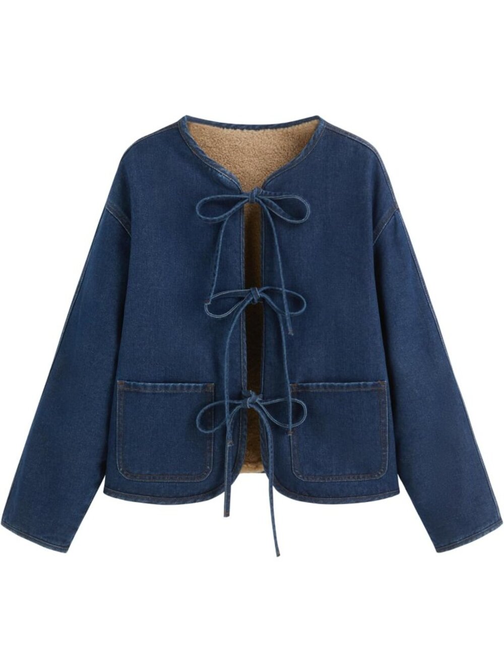 Women's Blue Reversible Denim Jacket Sherpa Fleece Coat with Bow Tie Front